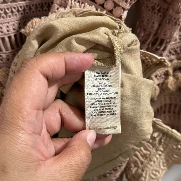 Soft Surroundings Tan Adelita Lace V-neck Blouse Tassel Eyelet Bell Sleeve Small - Picture 4 of 8